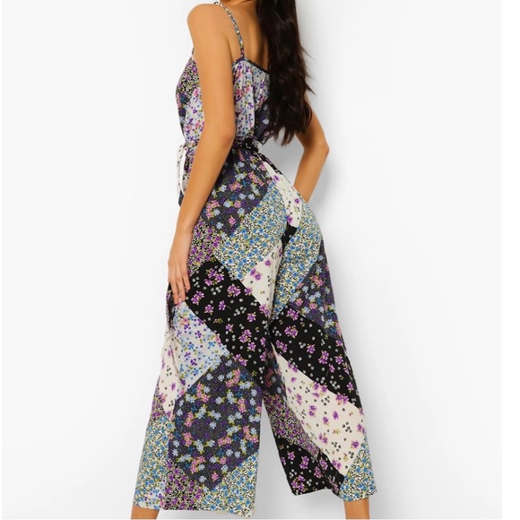 NEW Boohoo Sleeveless Mixed Floral Jumpsuit Patchwork Wide Leg Cropped - Picture 2 of 16